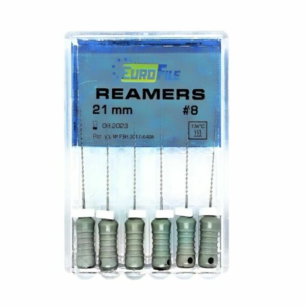 Дрильборы ручные Eurofile Reamers, для прохождения и расширения корневых каналов, 21 мм, №08, сталь, 6 шт - фото 0