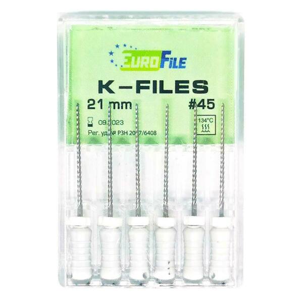 Файлы ручные Eurofile K-Files, для прохождения и расширения корневых каналов, 21 мм, №45/.02, сталь, 6 шт - фото 1