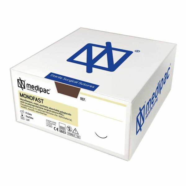Шовный материал Medipac MONOFAST, рассасывающаяся мононить 3/0 75 см, колющая игла 22 мм 1/2, фиолетовый, намотка восьмерка, 24 шт - фото 1