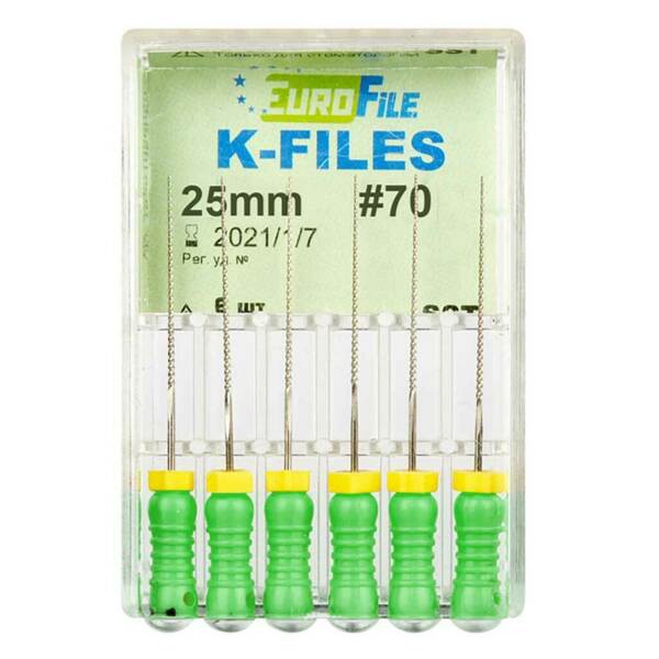 Файлы ручные Eurofile K-Files, для прохождения и расширения корневых каналов, 25 мм, №70/.02, сталь, 6 шт - фото 1