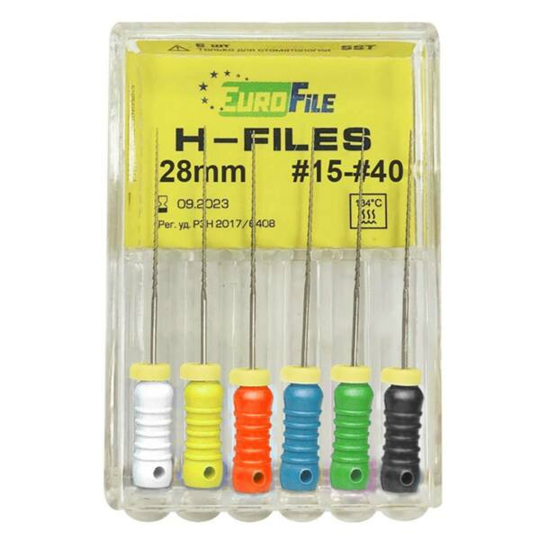  Файлы ручные Eurofile H-Files, для расширения и выравнивания корневого канала, 28 мм, набор №15-40/.02, сталь, 6 шт - фото 1