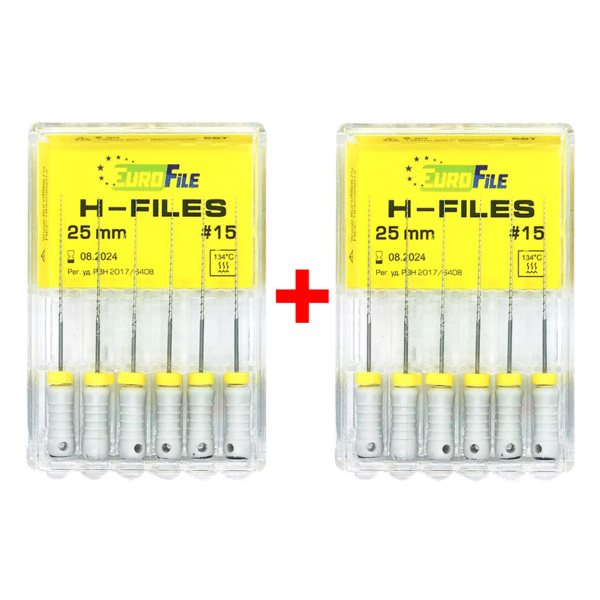 Файлы ручные Eurofile H-Files, для расширения и выравнивания корневого канала, 25 мм, №15/.02, сталь, 6 шт х 2 - фото 0