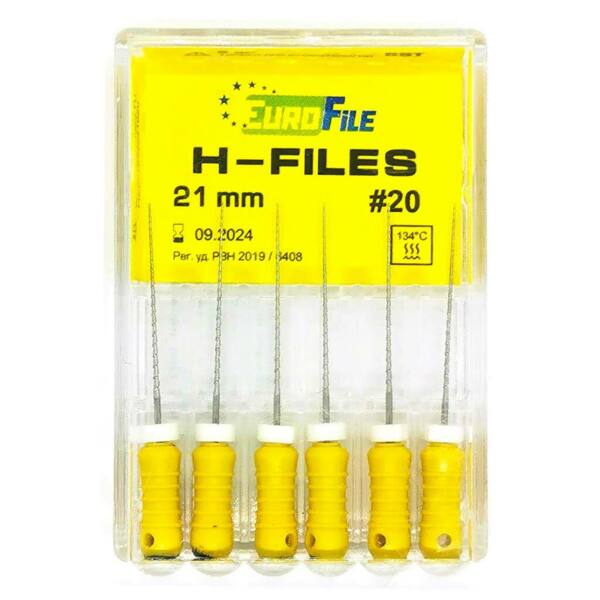  Файлы ручные Eurofile H-Files, для расширения и выравнивания корневого канала, 21 мм, №20/.02, сталь, 6 шт - фото 1
