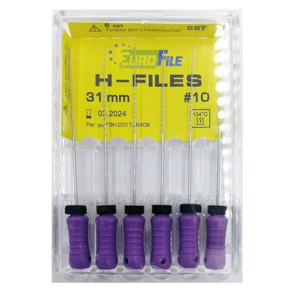  Файлы ручные Eurofile H-Files, для расширения и выравнивания корневого канала, 31 мм, №10/.02, сталь, 6 шт - фото 1