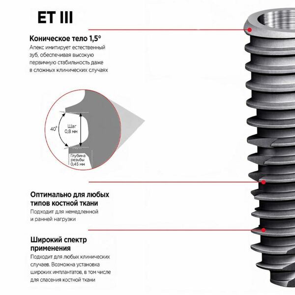 Имплантат HIOSSEN ET III SA Standart, прямой, D=4.0 мм, L=8.5 мм, с адаптером и винтом-заглушкой D=1.2 мм - фото 1