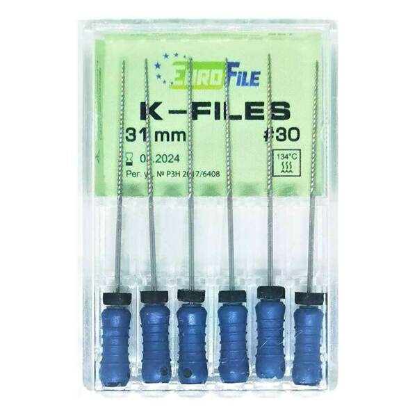 Файлы ручные Eurofile K-Files, для прохождения и расширения корневых каналов, 31 мм, №30/.02, сталь, 6 шт - фото 1