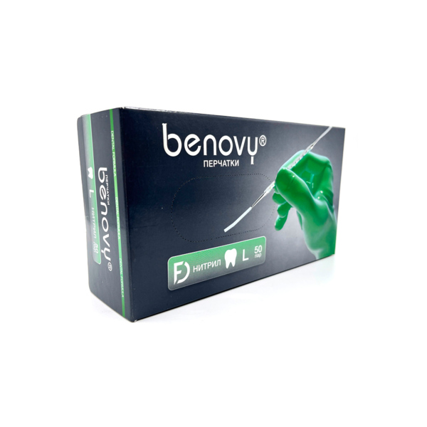 Перчатки одноразовые Benovy Dental Formula, нитриловые, нестерильные, текстурированные, хлорированные, зеленые, L, 50 пар - фото 0