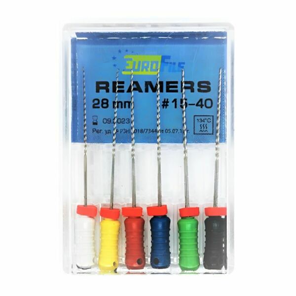Дрильборы ручные Eurofile Reamers, для прохождения и расширения корневых каналов, 28 мм, №15-40, сталь, 6 шт - фото 0