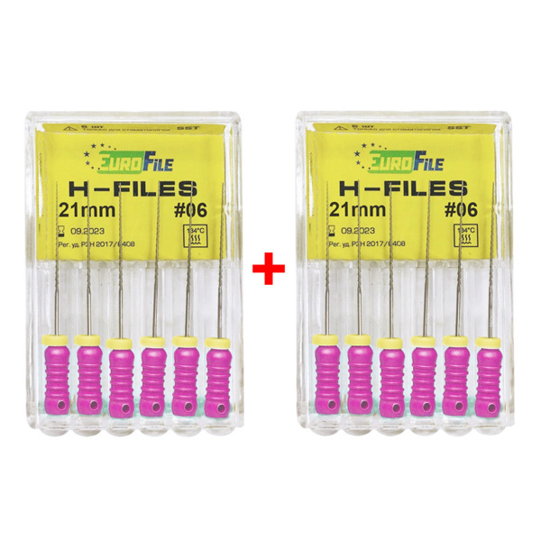 Файлы ручные Eurofile H-Files, для расширения и выравнивания корневого канала, 21 мм, №06/.02, сталь, 6 шт х 2 - фото 0
