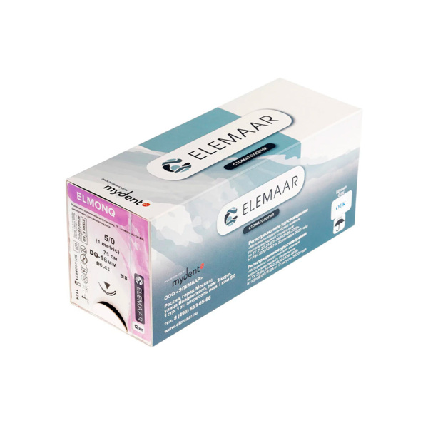 Шовный материал Elemaar ELMONQ, рассасывающаяся мононить, 5/0 75 см, обратно-режущая игла 16 мм 3/8, фиолетовый, 12 шт - фото 3