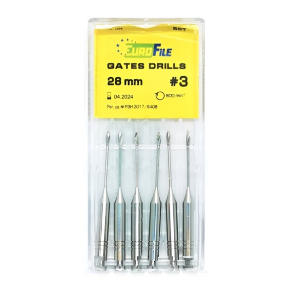 Дрильборы машинные Eurofile Gates Drills, для расширения коронковой трети канала, 28 мм, размер 3, сталь, 6 шт - фото 0