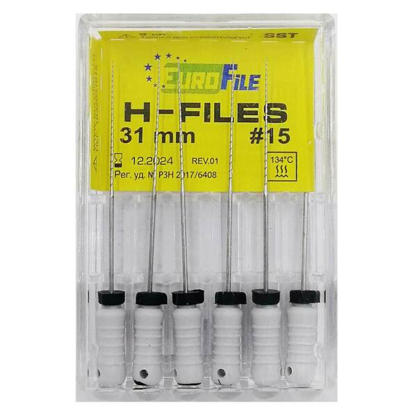  Файлы ручные Eurofile H-Files, для расширения и выравнивания корневого канала, 31 мм, №15/.02, сталь, 6 шт - фото 1