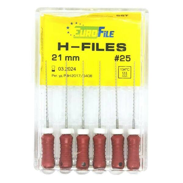  Файлы ручные Eurofile H-Files, для расширения и выравнивания корневого канала, 21 мм, №25/.02, сталь, 6 шт - фото 1