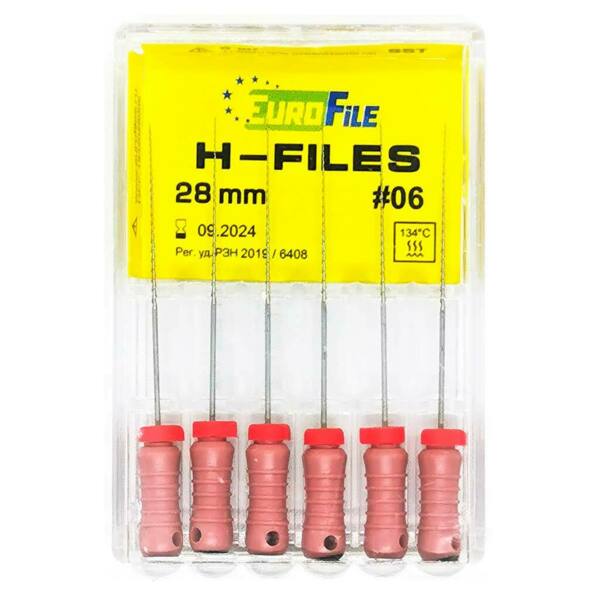  Файлы ручные Eurofile H-Files, для расширения и выравнивания корневого канала, 28 мм, №06/.02, сталь, 6 шт - фото 1