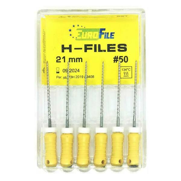  Файлы ручные Eurofile H-Files, для расширения и выравнивания корневого канала, 21 мм, №50/.02, сталь, 6 шт - фото 1