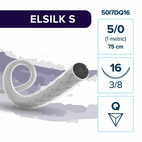 Шовный материал ELSILK S — нерассасывающаяся нить 5/0 75 см, обратно-режущая игла 16 мм 3/8, 12 шт - фото 0