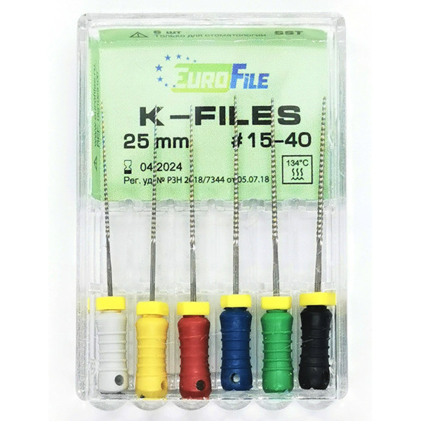 K-Files - ручные файлы, 25 мм, №15-40, сталь, 6 шт - фото 0