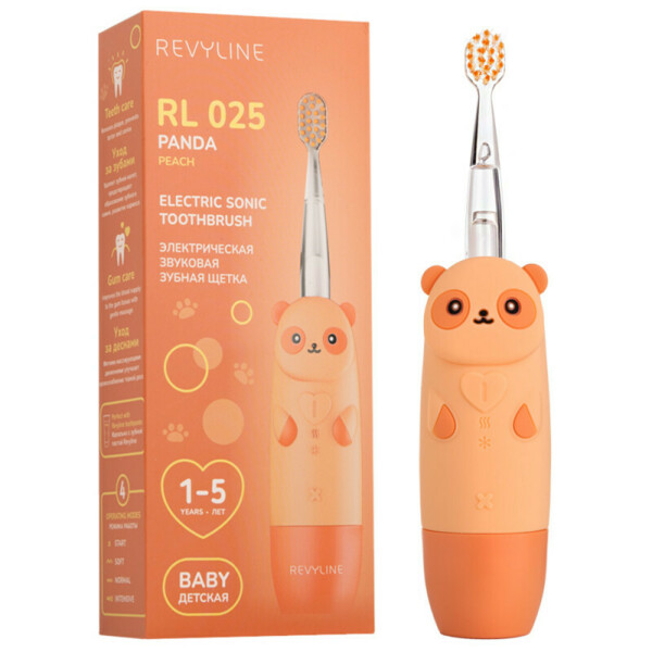 Детская электрическая звуковая зубная щетка Revyline RL 025 Panda, персиковая - фото 0