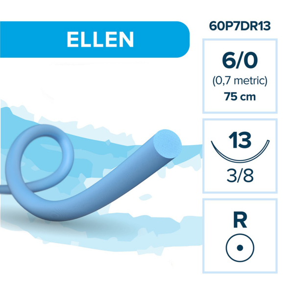 Шовный материал Elemaar ELLEN, нерассасывающаяся мононить, 6/0 75 см, колющая игла 13 мм 3/8, овальная намотка, синий, 12 шт - фото 0