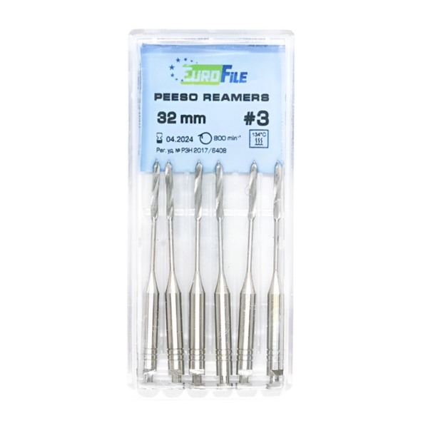 Дрильборы машинные Eurofile Peeso Reamer, для работы с каналом после вскрытия полости, 32 мм, размер 3, сталь, 6 шт - фото 0