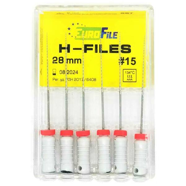  Файлы ручные Eurofile H-Files, для расширения и выравнивания корневого канала, 28 мм, №15/.02, сталь, 6 шт - фото 1
