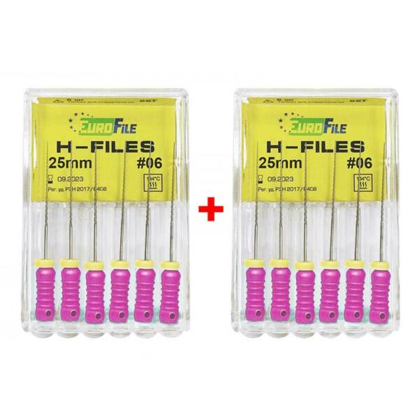 Файлы ручные Eurofile H-Files, для расширения и выравнивания корневого канала, 25 мм, №06/.02, сталь, 6 шт х 2 - фото 0