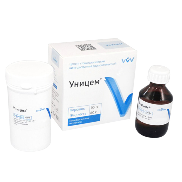 Уницем - цинкфосфатный цемент для пломбирования зубов и фиксации, светло-желтый, 100 г+60 г - фото 0