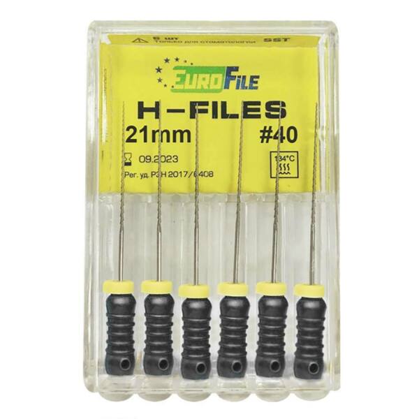  Файлы ручные Eurofile H-Files, для расширения и выравнивания корневого канала, 21 мм, №40/.02, сталь, 6 шт - фото 1