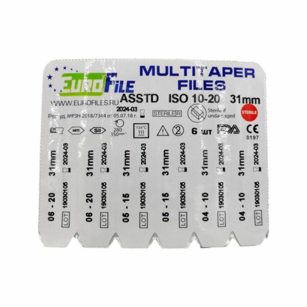 Файлы машинные Eurofile MultiTaper, реципрокный, стерильный, для препарирования каналов, 31 мм (21 мм), ассорти, набор №10-20, никель-титан, 6 шт - фото 2