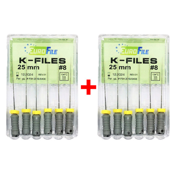 Файлы ручные Eurofile K-Files, для прохождения и расширения корневых каналов, 25 мм, №08/.02, сталь, 6 шт х 2 - фото 0