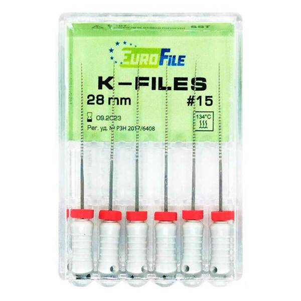 Файлы ручные Eurofile K-Files, для прохождения и расширения корневых каналов, 28 мм, №15/.02, сталь, 6 шт - фото 1