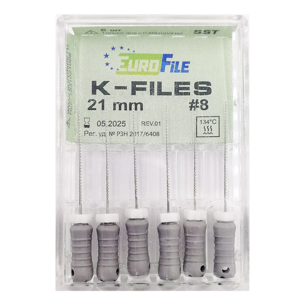 K-Files - ручные файлы, 21 мм, №08, сталь, 6 шт - фото 0