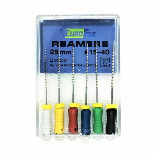 Дрильборы ручные Eurofile Reamers, для прохождения и расширения корневых каналов, 25 мм, №15-40, сталь, 6 шт - фото 0