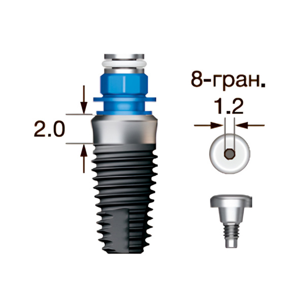 Имплантат OSSTEM SS III SA Wide (G/H=2.0), 8-гранник D=2.5, с полированной шейкой, D=6.0 мм, L=7.0 мм, с адаптером и винт-заглушкой D=1.2 мм - фото 0