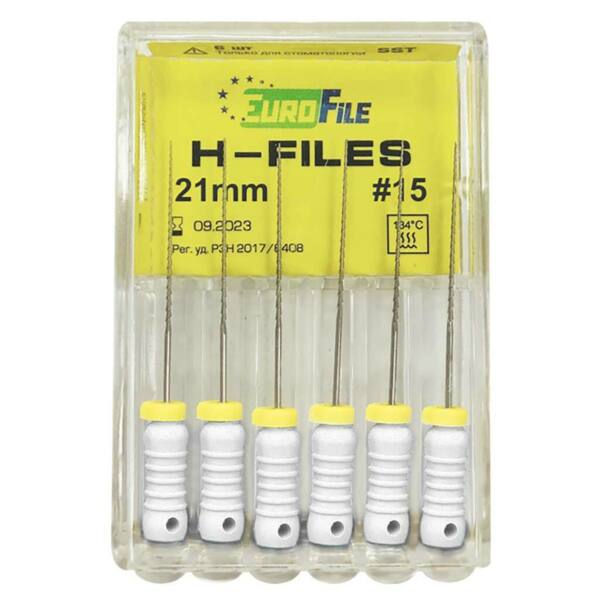  Файлы ручные Eurofile H-Files, для расширения и выравнивания корневого канала, 21 мм, №15/.02, сталь, 6 шт - фото 1