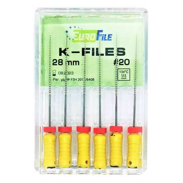 Файлы ручные Eurofile K-Files, для прохождения и расширения корневых каналов, 28 мм, №20/.02, сталь, 6 шт - фото 1