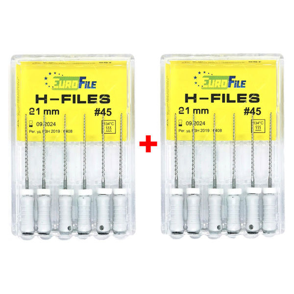 Файлы ручные Eurofile H-Files, для расширения и выравнивания корневого канала, 21 мм, №45/.02, сталь, 6 шт х 2 - фото 0