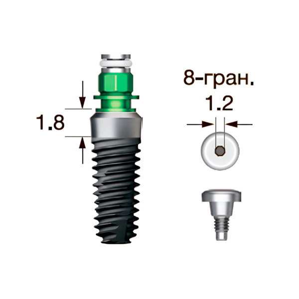Имплантат OSSTEM SS III SA Standart (G/H=1.8), 8-гранник D=2.5, с полированной шейкой, D=4.0 мм, L=8.5 мм, с адаптером и винт-заглушкой D=1.2 мм - фото 0