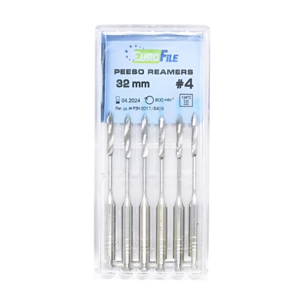 Дрильборы машинные Eurofile Peeso Reamer, для работы с каналом после вскрытия полости, 32 мм, размер 4, сталь, 6 шт - фото 0