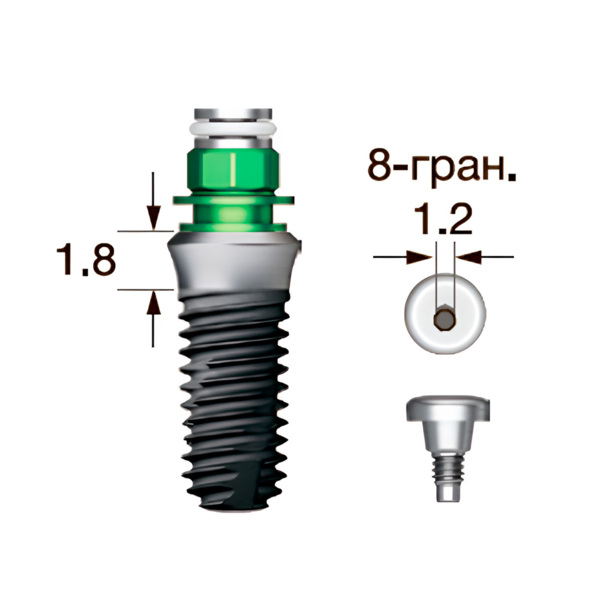 Имплантат OSSTEM SS III SA Standart (G/H=1.8), 8-гранник D=2.5, с полированной шейкой, D=4.5 мм, L=8.5 мм, с адаптером и винт-заглушкой D=1.2 мм - фото 0