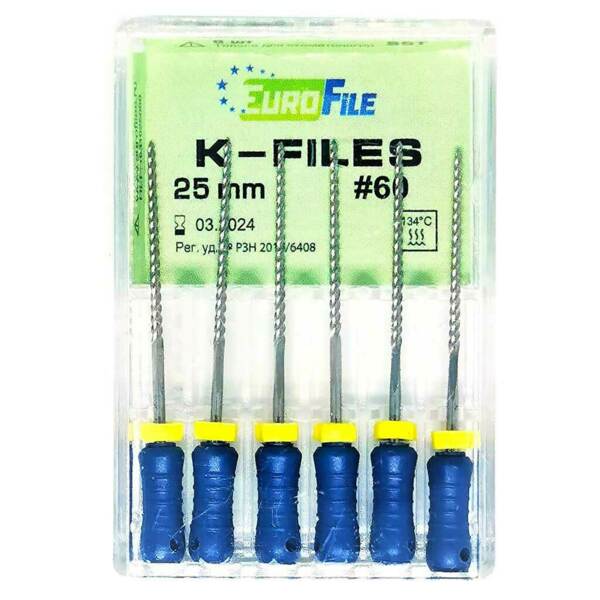 Файлы ручные Eurofile K-Files, для прохождения и расширения корневых каналов, 25 мм, №60/.02, сталь, 6 шт - фото 1