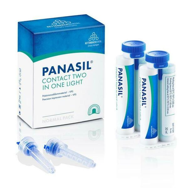 Panasil contact two in one Light - корригирующий материал, жидкотекучий, светло-зеленый, техника двойного смешивания, 2x50 мл + 6 смесителей
