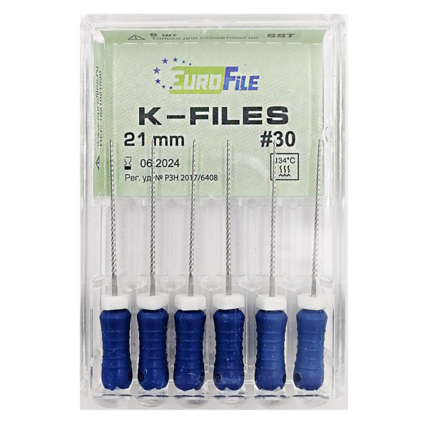 K-Files - ручные файлы, 21 мм, №30, сталь, 6 шт - фото 0