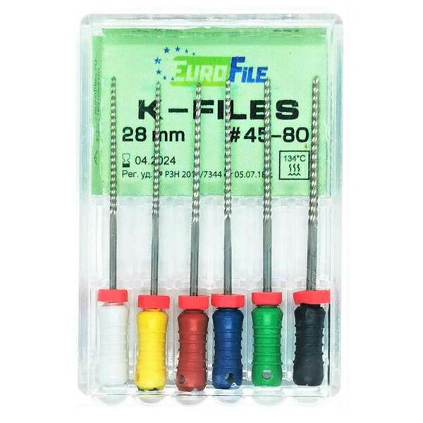 Файлы ручные Eurofile K-Files, для прохождения и расширения корневых каналов, 28 мм, набор №45-80/.02, сталь, 6 шт - фото 1