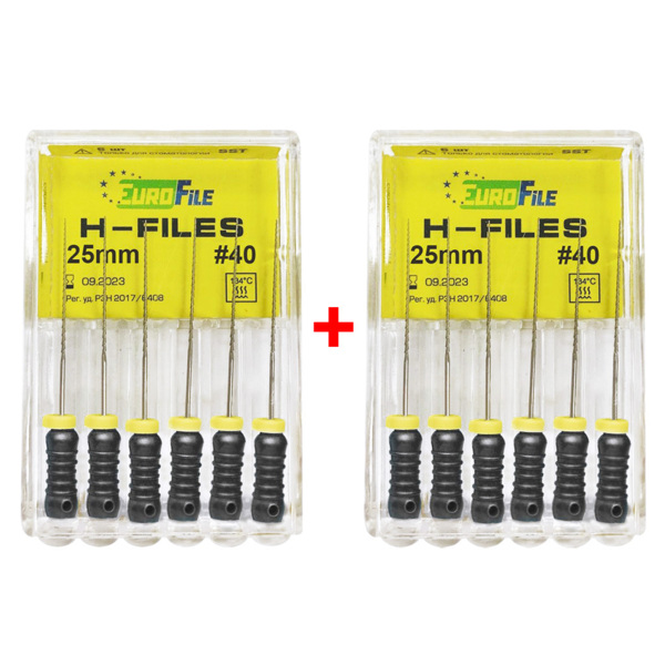 Файлы ручные Eurofile H-Files, для расширения и выравнивания корневого канала, 25 мм, №40/.02, сталь, 6 шт х 2 - фото 0