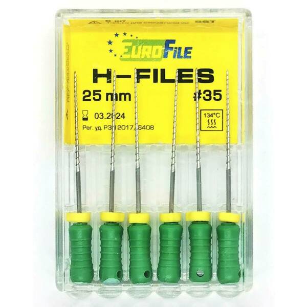  Файлы ручные Eurofile H-Files, для расширения и выравнивания корневого канала, 25 мм, №35/.02, сталь, 6 шт - фото 1