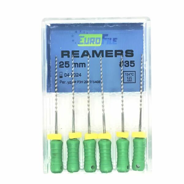 Дрильборы ручные Eurofile Reamers, для прохождения и расширения корневых каналов, 25 мм, №35, сталь, 6 шт - фото 0