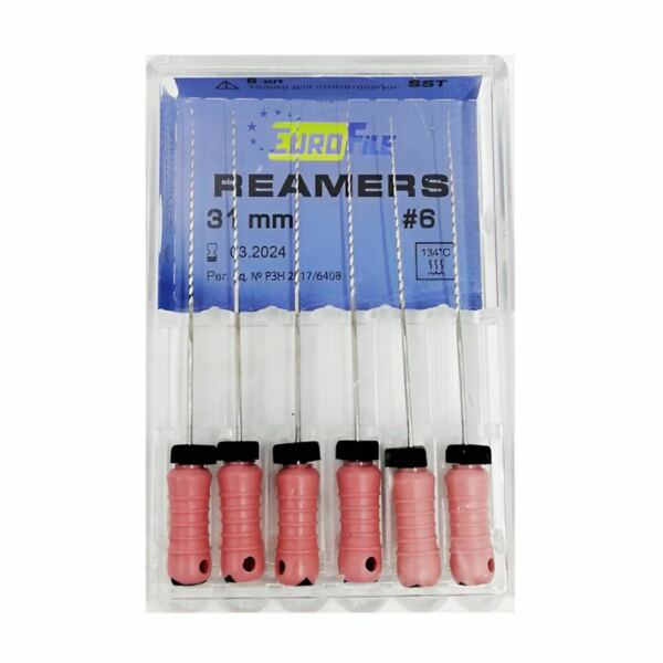 Дрильборы ручные Eurofile Reamers, для прохождения и расширения корневых каналов, 31 мм, №06, сталь, 6 шт - фото 0