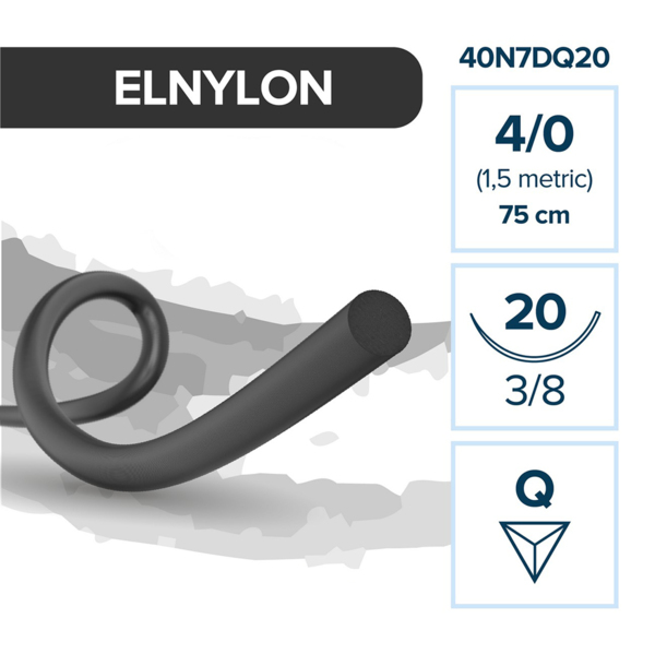 Шовный материал ELNYLON — нерассасывающаяся нить 4/0 75 см, обратно-режущая игла 20 мм 3/8, 12 шт - фото 0