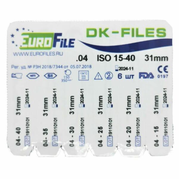 Файлы машинные Eurofile DK-Files, для препарирования каналов, 31 мм, набор №15-40/.04, никель-титан, 6 шт - фото 2